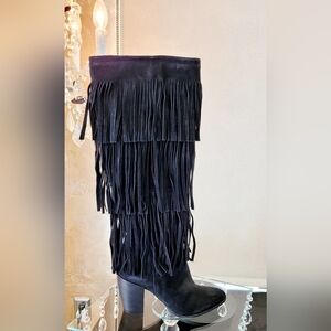 Texan Western Style Black Fringe Knee-High Boots. Block Heels. Made In Italy 7M